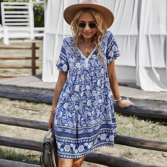 Elegant Easy Women's Summer Boho Flower Print V Neck Dress