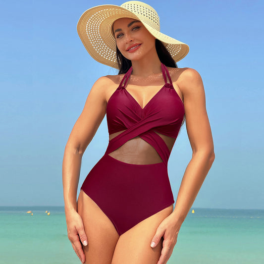 Summer Chic: Cross-Strap Mesh Bikini One-Piece Swimsuit for Women