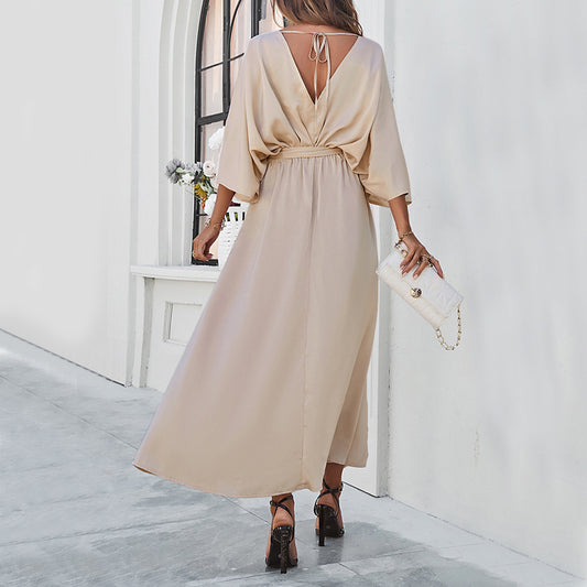 Elegant V-Neck Bat Sleeve Split Maxi Dress with Lace-Up Waist