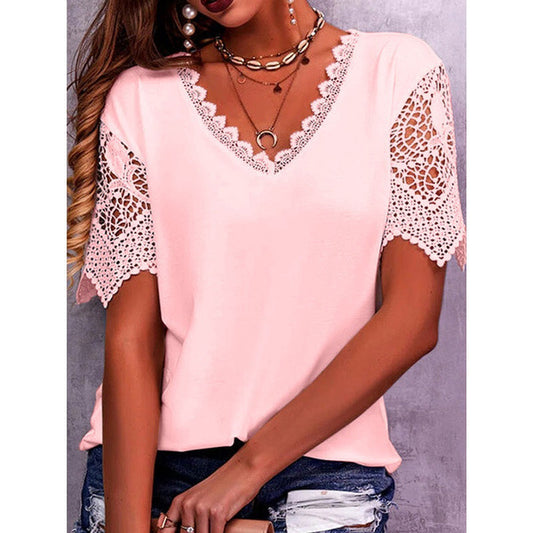 Breezy Elegance: Lace Tops Summer Loose V Neck Short Sleeve Casual Shirts for Women